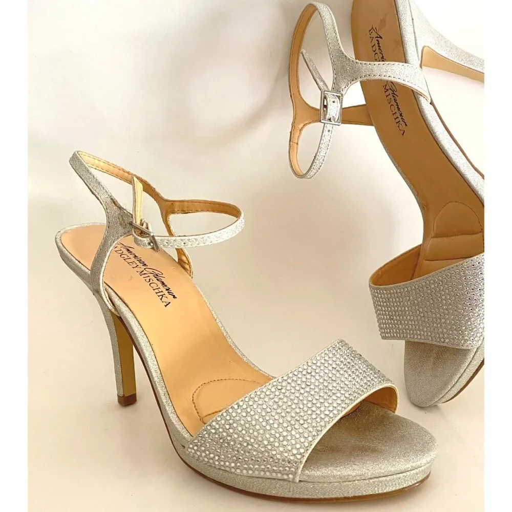 size 7.5 Badgley Mischka silver jewel rhinestone platform high heels ankle strap